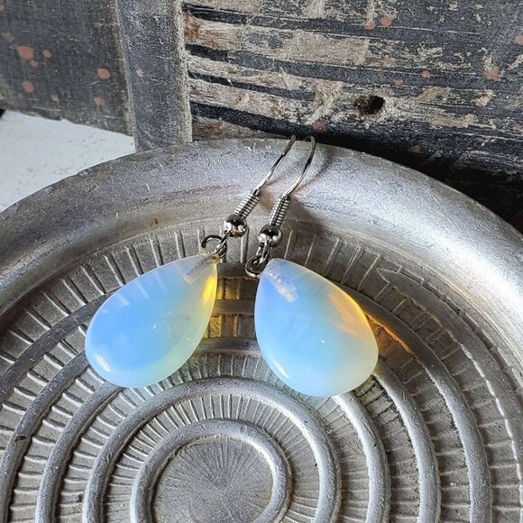 Opalite Gemstone Puffed Teardrop Handcrafted Translucent Dangle Earrings - Picture 2 of 4